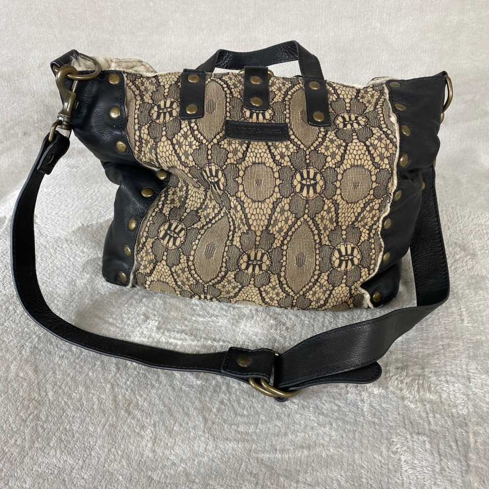 UGG Collection Black Leather Tan Lace Shearling Studded Shoulder Bag Made Italy